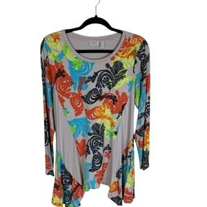 LOGO Colorful Long Sleeve Asymmetrical Hem Tunic Top XS Boho Artsy